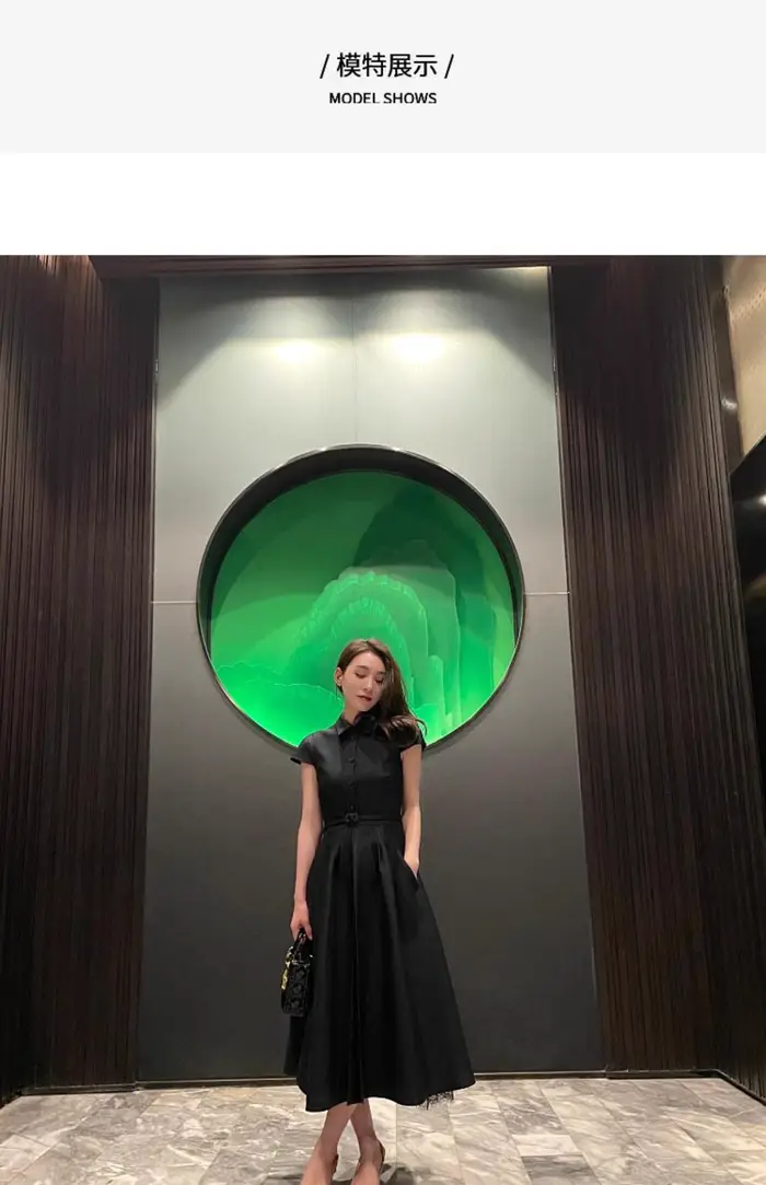 Robe française noire longue couchée à la taille pour femmes, à la mode et élégante, manches ajustées