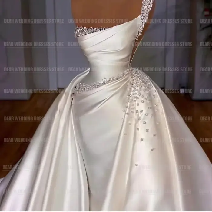 Robe de Mariée Sirène en Satin de Luxe avec Traîne Amovible pour Femme