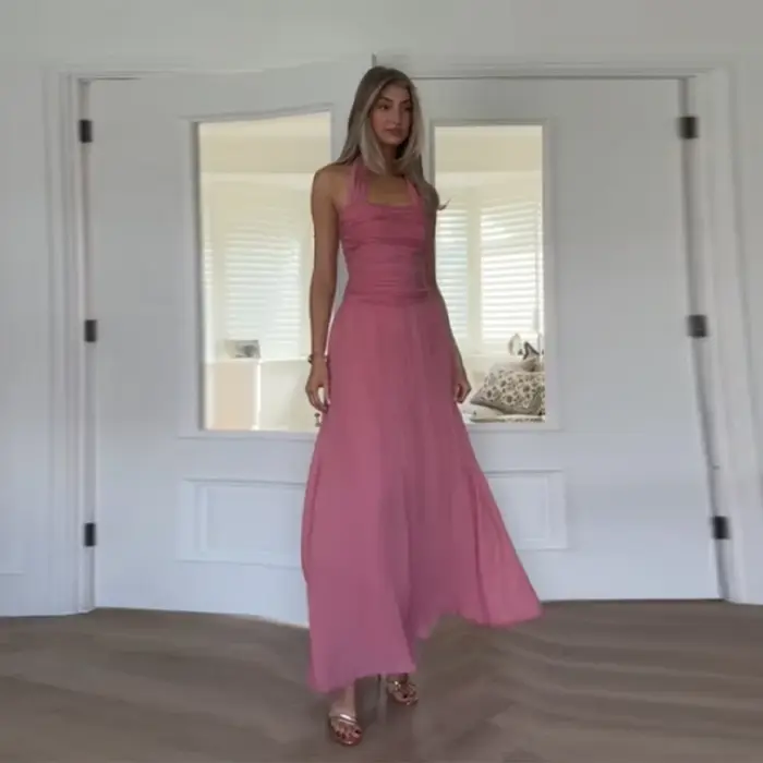 Robe longue rose à licou pour femme, sans manches, dos nu, froncée, élégante, pour soirée, nouvelle
