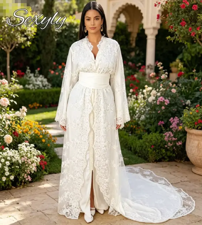 Robe de mariée musulmane 2026, dentelle blanche, manches évasées, devant ouvert, tenue de mariée mod