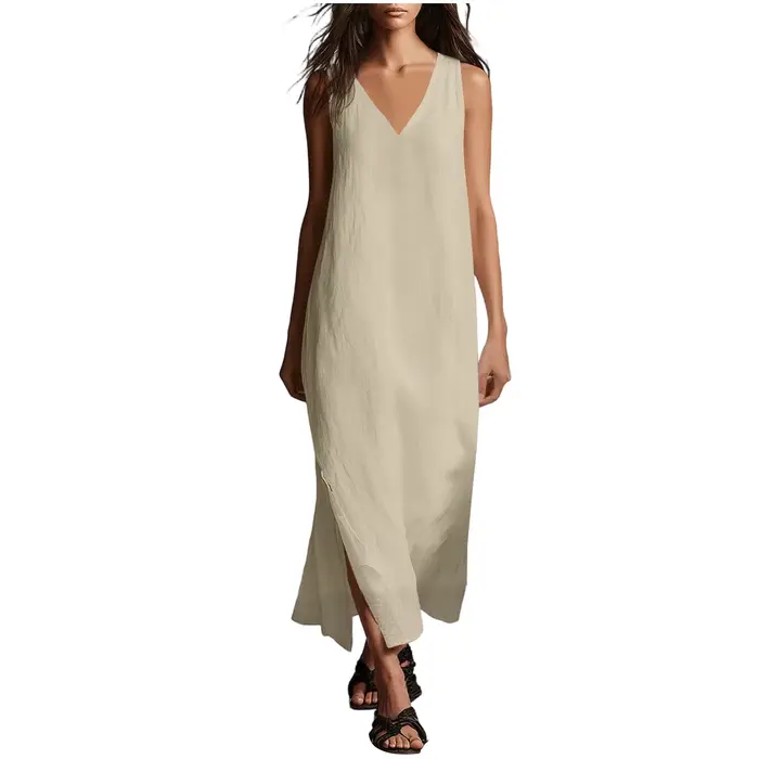 Robe d'été pour femmes, style bohème, col en V, fente latérale, coton et lin légers, sans manches, r