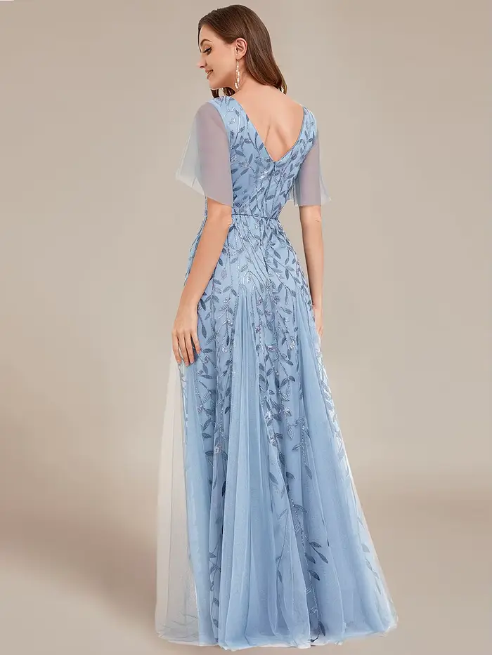 Robe de soirée élégante col en V profond manches à volants demoiselle d'honneur occassions spéciales soirée officielle
