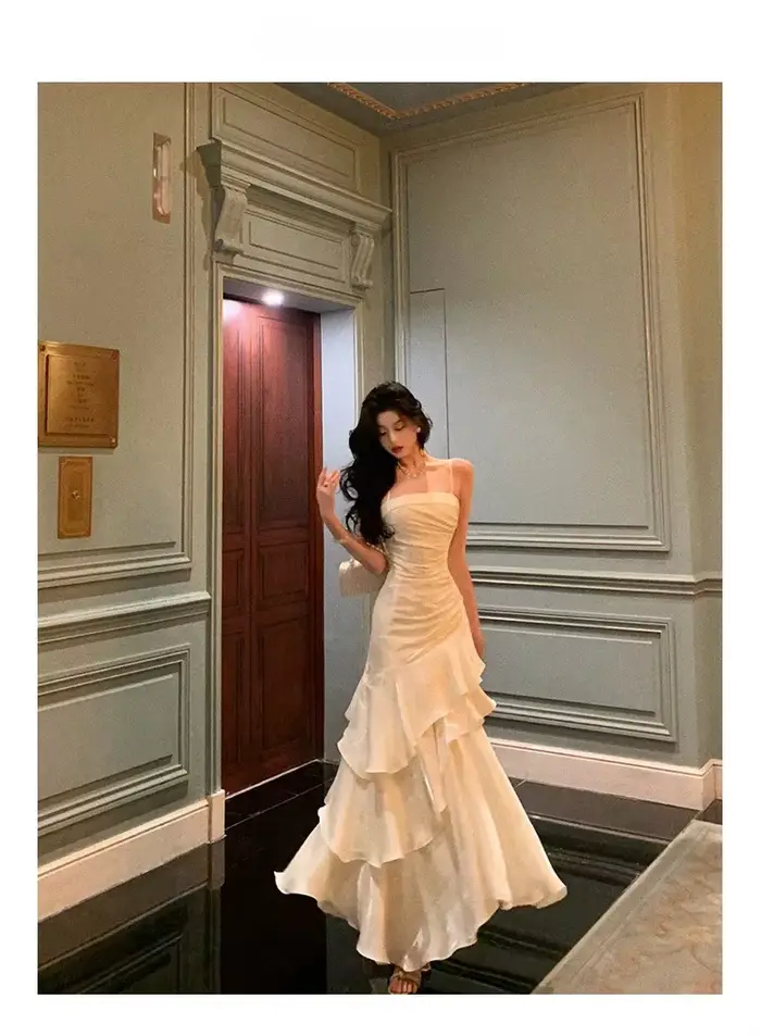 Robe de soirée élégante pour femme, sans manches, à bretelles, coupe sirène, taille cintrée, ligne A