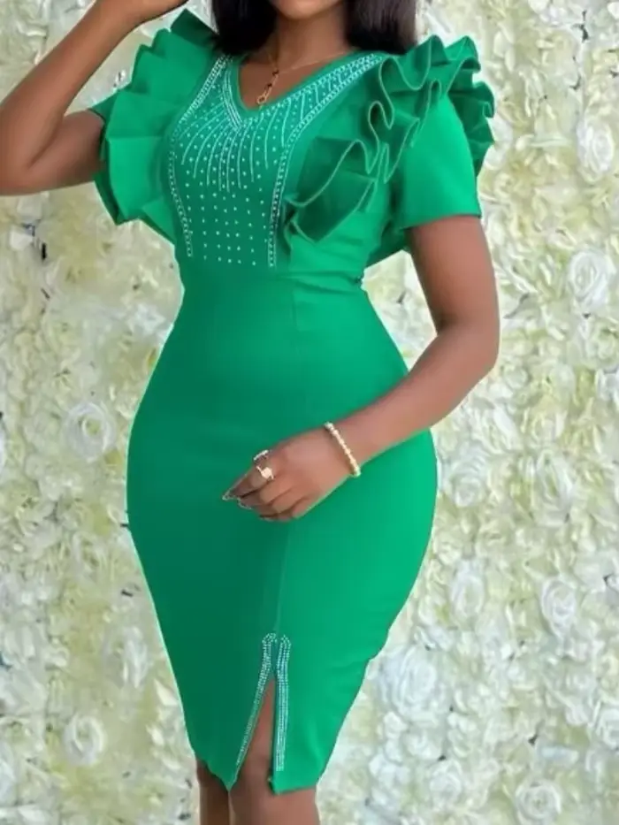 Robe d'invité de mariage col en V pétale manches courtes cristal embelli ajustée robe de soirée sexy design rouge élégant pour femmes occassions spéciales