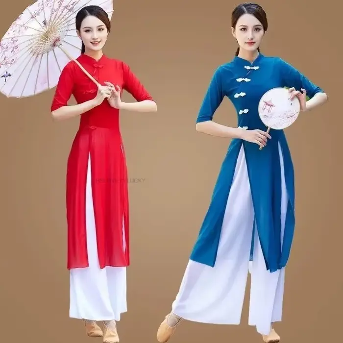 Robe traditionnelle vietnamienne Aodai élégante en coton et polyester pour femmes occasions spéciales danse folklorique