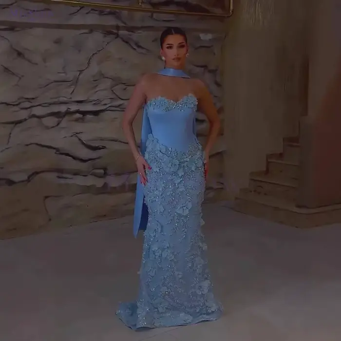 MisShow – robe de soirée de luxe à fleurs 3D et perles, avec châle, sans bretelles, dos lacé, style