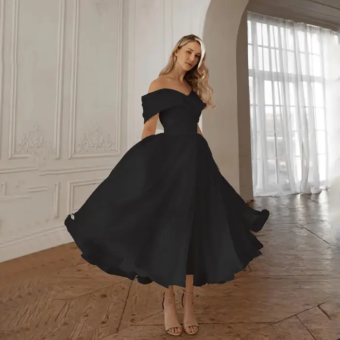 Robe de mariée mi-longue personnalisable avec épaules dénudées coupe trapèze pour cérémonies de fiançailles et événements spéciaux polyester ```
