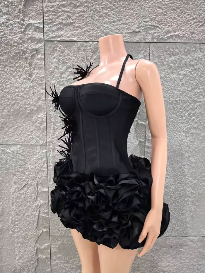 2025 nouvelle couleur noire femmes Sexy bretelles fleurs 2 pièces moulante Mini robe de pansement célébrer discothèque fête Bar chanteur porter