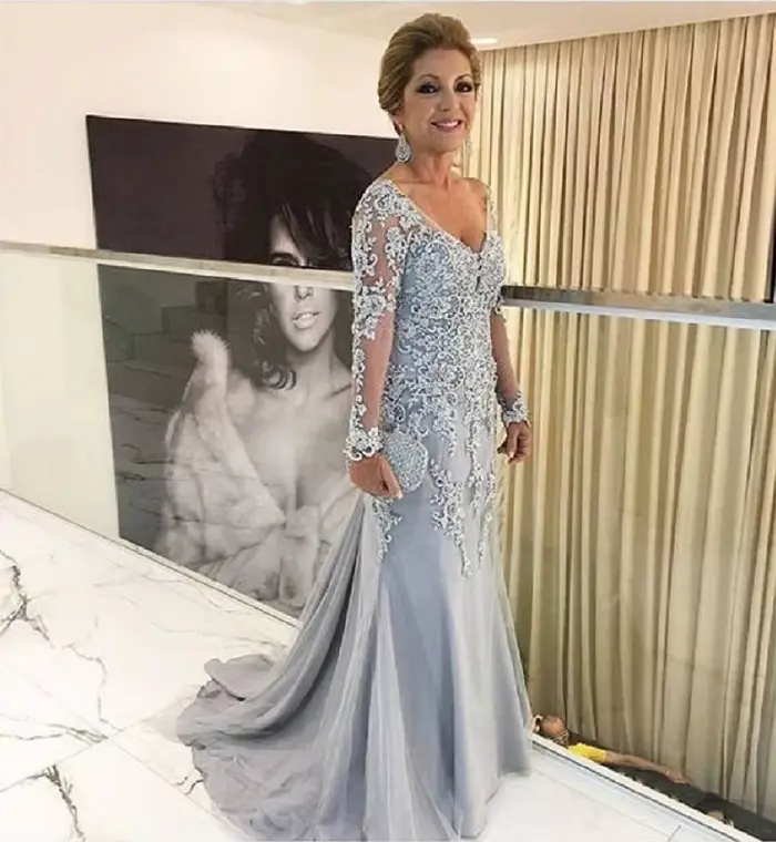 Robe sirène pour mère de la mariée or violet avec appliques perles broderie dentelle et soutien-gorge intégré pour soirées et événements spéciaux