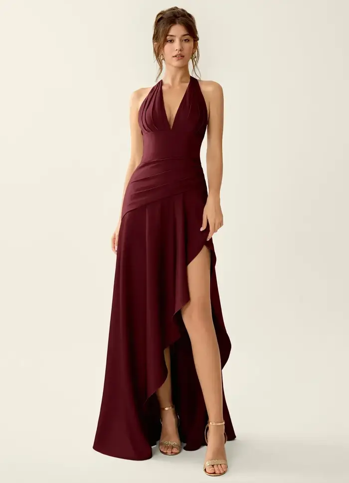 Robe de soirée sirène élégante Snvdzo, col halter en V profond, en satin froncé, avec fente haute, pour invitée de mariage, soirée de gala, danse formelle 2026