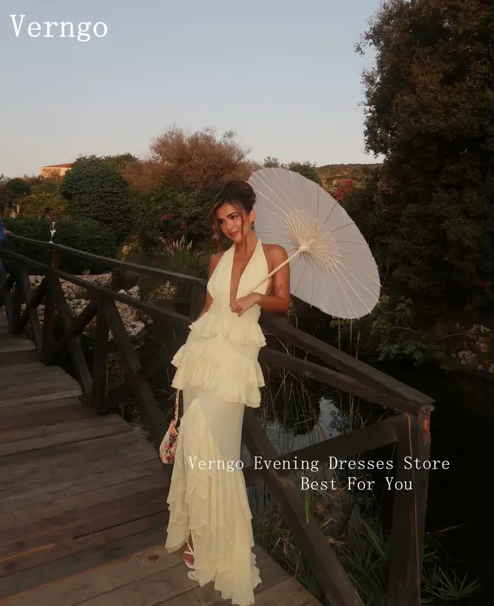 Robe de soirée jaune sexy Verngo style sirène dos nu fente latérale mariage bal de promo personnalisable polyesters élégante occassions spéciales