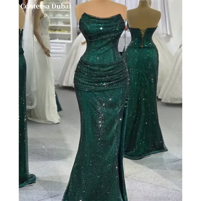 Robe de soirée bustier vert émeraude personnalisée Contessa, à sequins et froncée, style sirène, pou