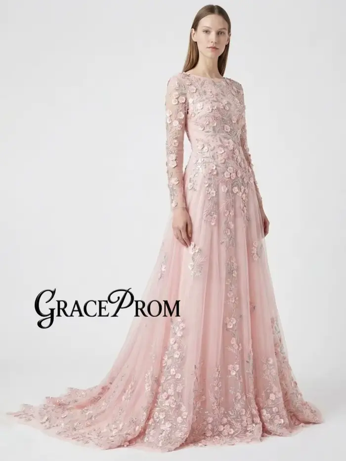 Nouvelle Arrivée Robe de Soirée Rose Florale Coupe A-Line Élégante Romantique Délicate Ornée de Perl