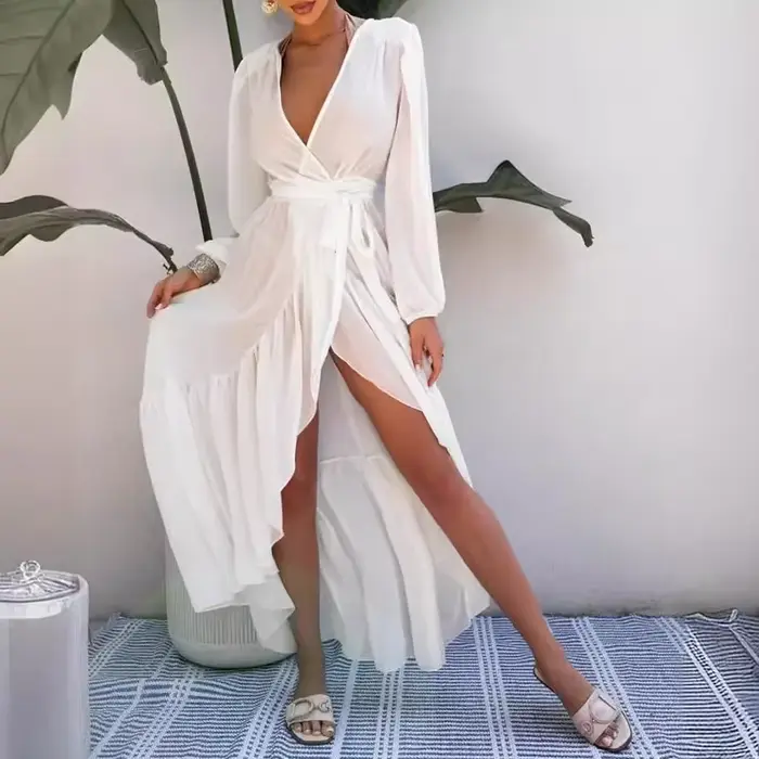 Robe longue en mousseline style européen et américain protection solaire occassions spéciales femmes ```