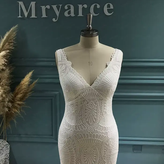 Robe de mariée bohème col en V dentelle extensible silhouette sirène pour femmes occasions spéciales