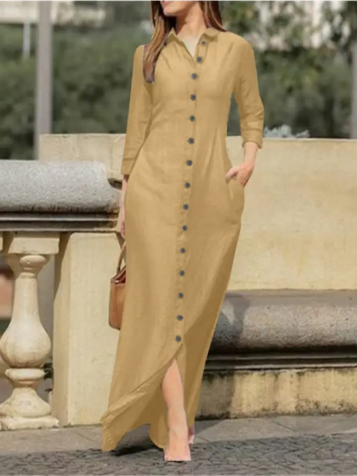 Robe longue élégante pour femmes manches longues couleur unie chemise en coton et lin décontractée boutons printemps automne occasions spéciales