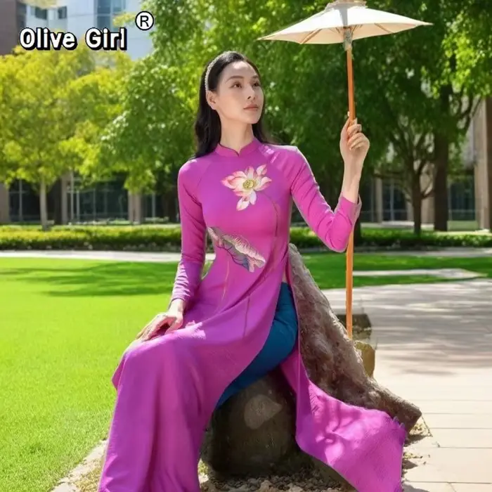 Robe traditionnelle vietnamienne Aodai en polyester Olivegirl pour femmes, occaseions spéciales, élégance et sophistication