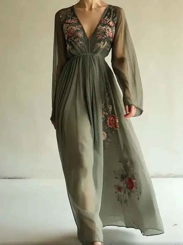 Robe bohème décontractée en polyester avec col en V et plis pour femmes - Maxi robe de soirée et de festival
