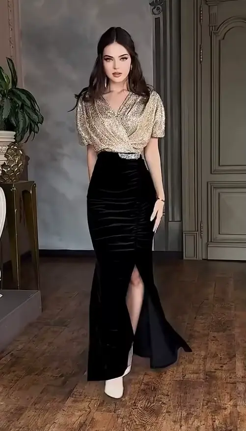 Robes formelles pour femmes robe fourreau de fête fendue paillettes col en V Sexy une ligne
