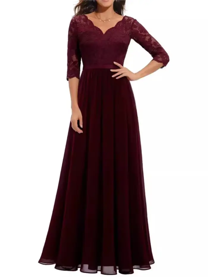 Robe ample femme élégante polyester col en V dentelle trois quarts bureau dame printemps été occasions spéciales soirée