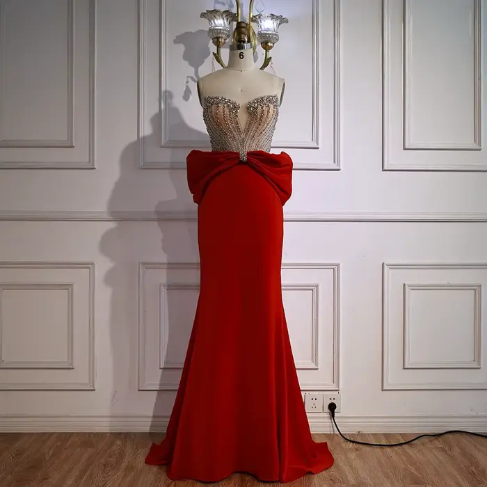 Robe de soirée sirène rouge de luxe, avec perles de cristal et grand nœud, robe élégante, personnali