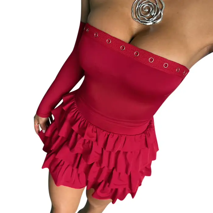 Robe polyester épaules dénudées plissée volants décolleté cou fendu printemps automne bywindto pour femmes occasions spéciales