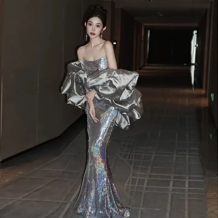 Robes de soirée sirène à paillettes argentées pour femme