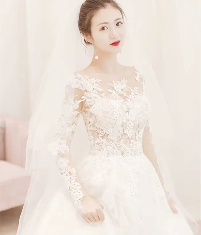 Robe de mariée à lacets brodée en voile, dentelle et organza, taille personnalisée, princesse, longueur au sol, col rond, manches longues, occassion spéciale