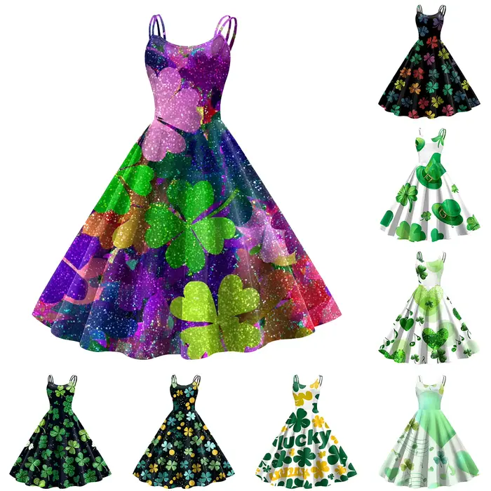 Robe boutonnée pour femme, robe à imprimé St. Patrick Day, robe longue en maille pour un style décon
