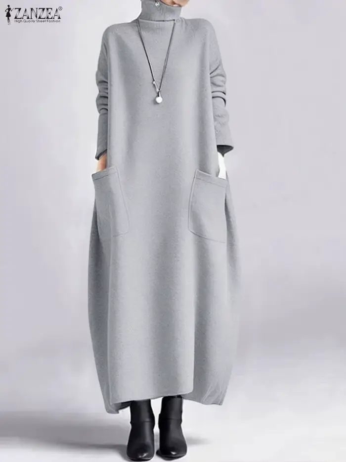 ZANZEA mode sweat robe femmes décontracté col roulé à manches longues solide a-ligne Robes mi-longues pour femme FW 2025