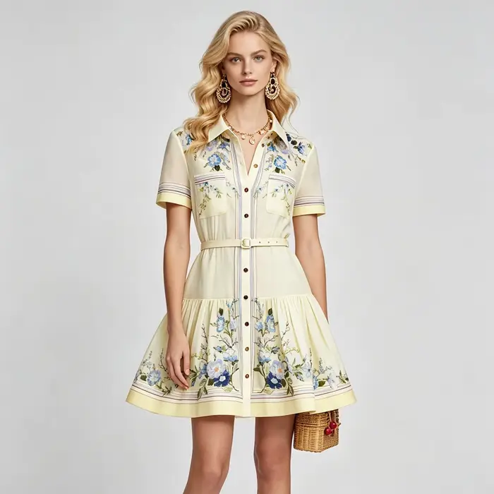 Robe courte à imprimé floral pour femmes, col rabattu, manches courtes, silhouette élégante, été, occassions spéciales