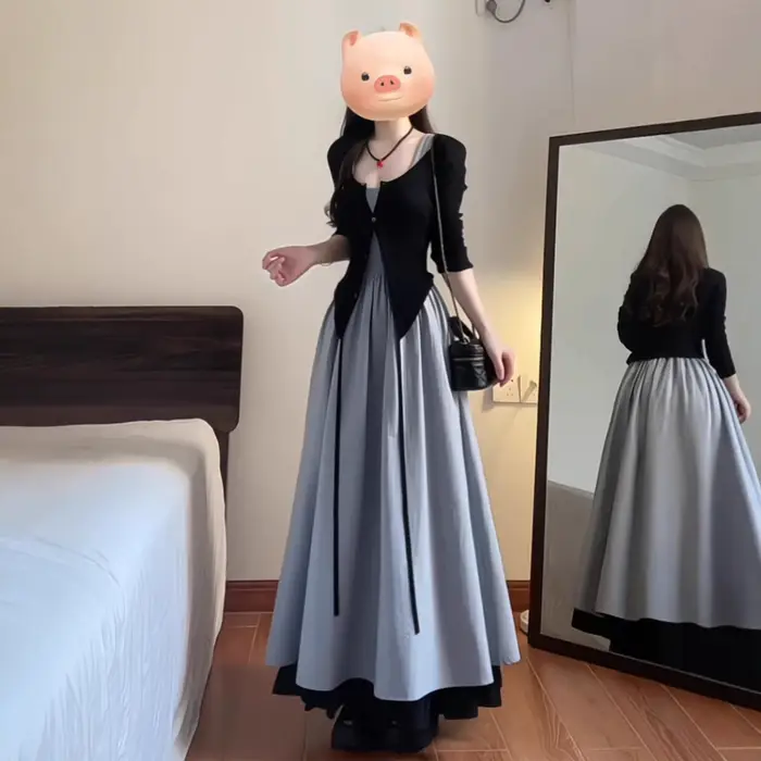 Robe midi ceinturée vintage française élégante pour femme printemps automne style empire polyester ajustée mince soirée cérémonie