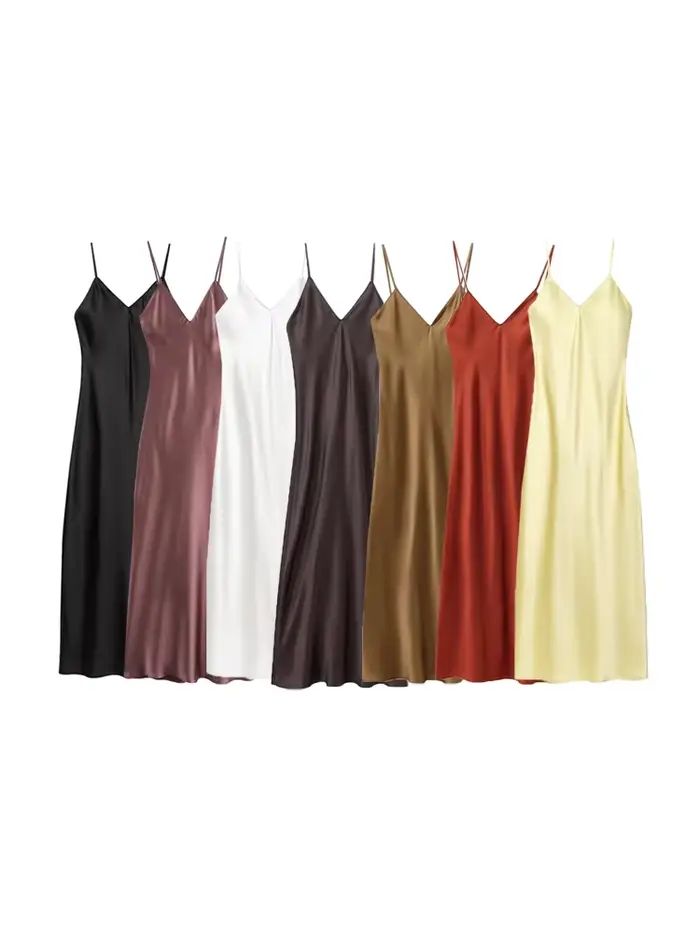 Robe mi-longue en satin polyeste col en V bretelles fines dos nu sexy pour femmes occasions spéciales
