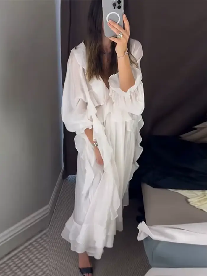 Robe Femme à Volants, Col en V Profond