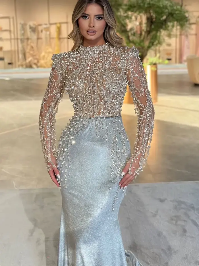 Robes de bal de luxe à manches longues, style sirène, ornées de perles, Arabie Saoudite, Dubaï, robe de soirée, robe de soirée du Moyen-Orient, sur mesure