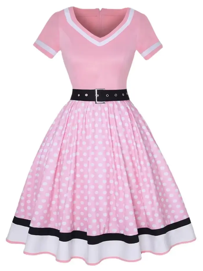 Robe Vintage des Années 50 et 60 en Coton Polyester Élégante avec Imprimé à Pois et Ceinture pour Femmes Occasions Spéciales