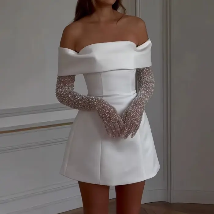 Robes d'été élégantes, couleur unie, manches courtes, épaules dénudées, couches, Mini robes de soiré