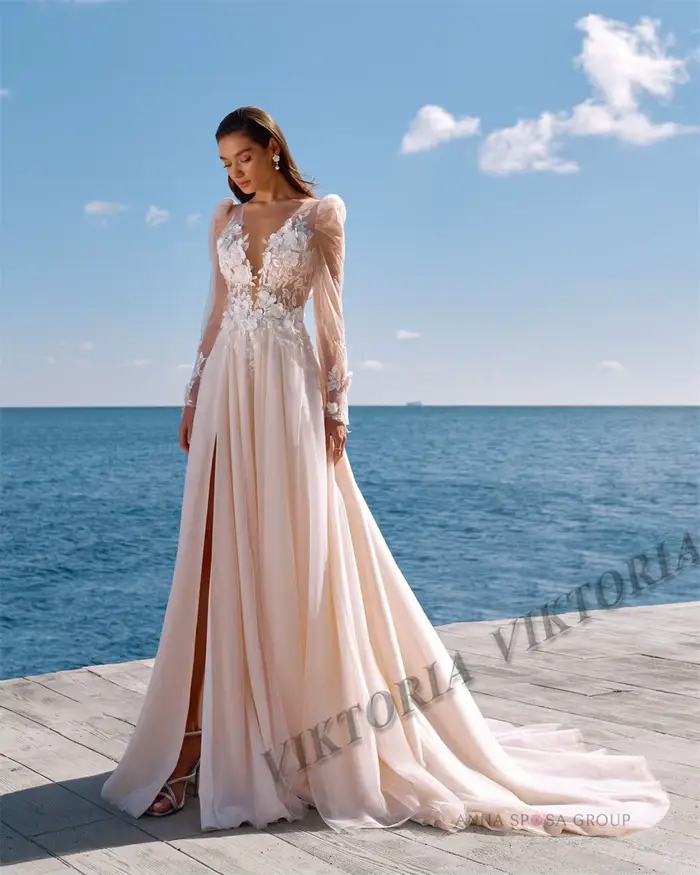 Robe de Mariée Viktoria en Polyester et Acrylique, Col en V, Appliques, Personnalisable pour Femmes Occasions Spéciales