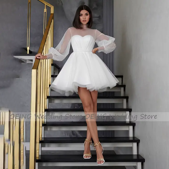 Robe de mariée A-ligne à manches bouffantes pour femmes, courte, haute couture, polyester, tulle, occassions spéciales, personnalisable en couleur et taille