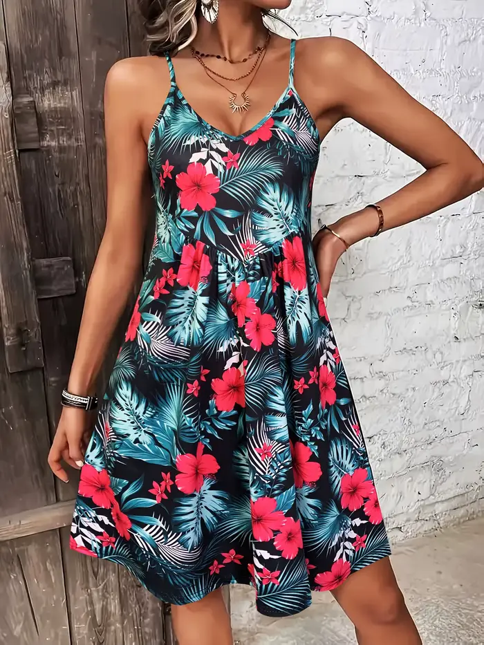 Robe imprimée Style vacances d'été, col en v, bretelles Spaghetti, robe Camisole pour tenues de vaca