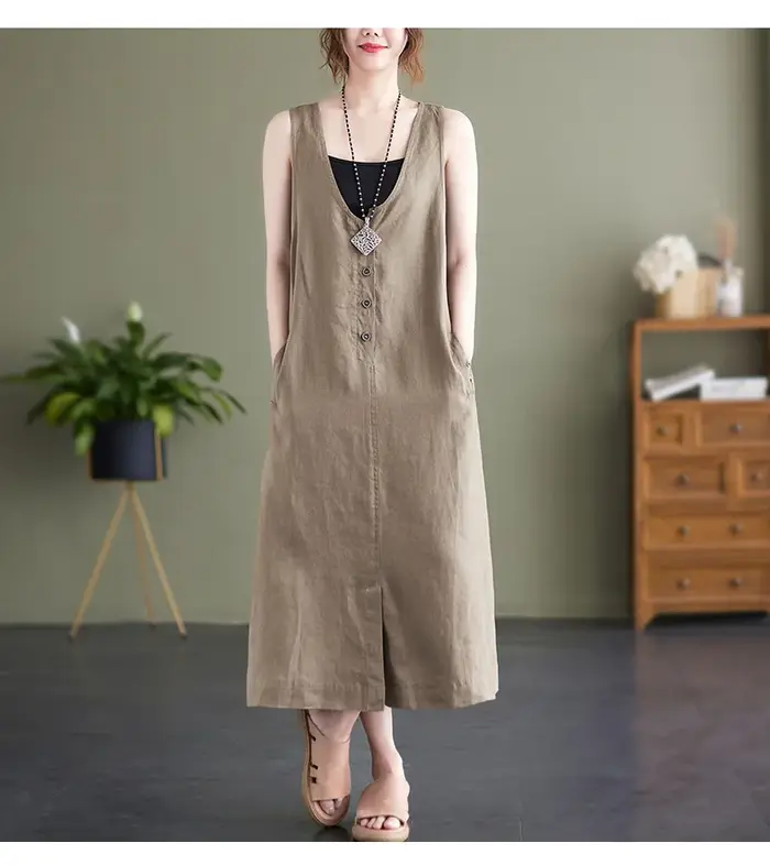 Nouvelle Robe Débardeur Femme Été Style Mori Girl Vintage Couleur Unie Coton Lin Col V Sans Manches Décontractée Ample Longueur Midi