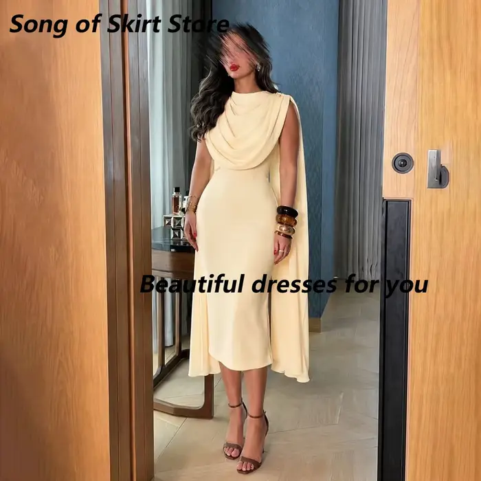 Robe de soirée courte élégante avec cape personnalisée, col rond, en jersey, longueur genou, style s