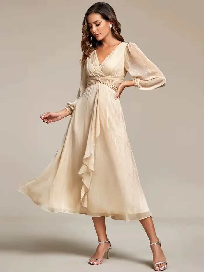 Robes de soirée élégantes, col en V profond, manches longues, longueur genou, Ever Pretty, en mousse