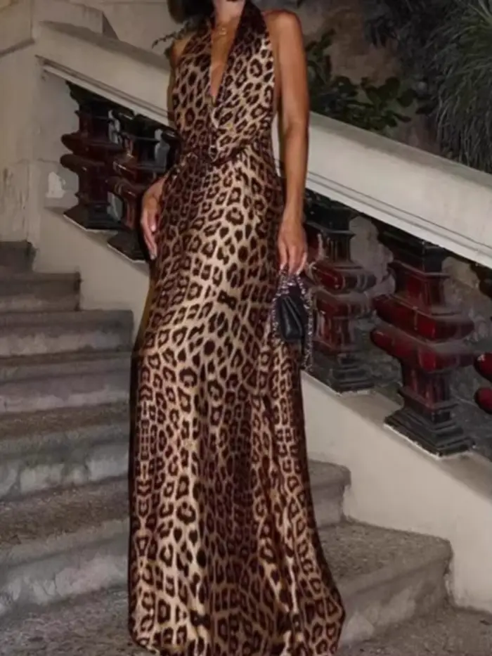 Robe longue à lacets et col en V pour femmes imprimé léopard dos nu décolleté plongeant silhouette slimmé sexy nouvelle collection été polyesters