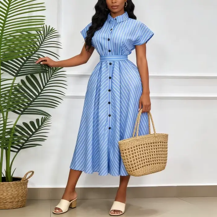 Robe longue femme coupe trapèze col rabattu manches courtes rayée élégante simple boutonnage polyester pour le travail printemps occasions spéciales