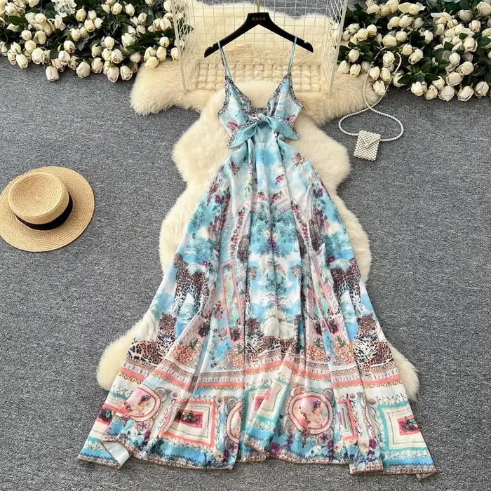 Robe longue d'été pour femmes, style bohème, plage française, vacances, nœud, paillettes, dos nu, Se