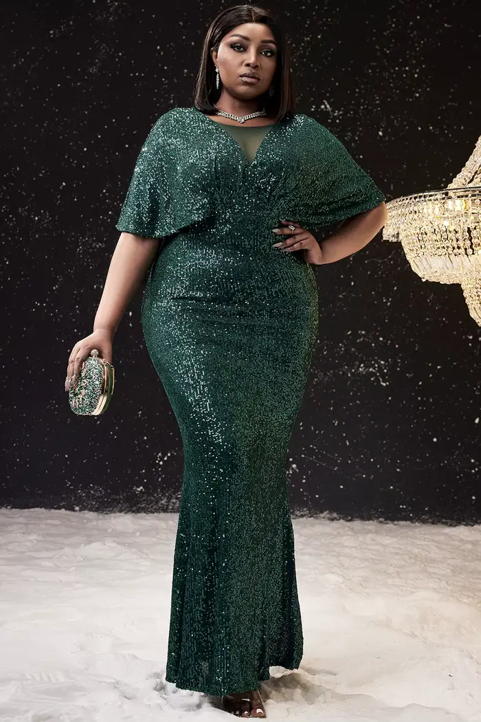 Robe de soirée élégante pour grande taille, robe de bal, sirène verte, col en V, paillettes, Cocktai