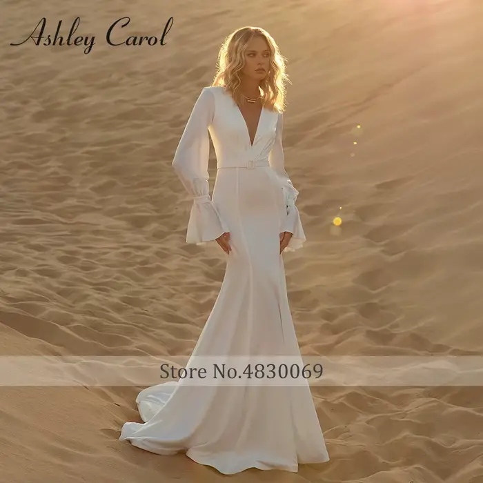 Robe de mariée sirène Ashley Carol en mousseline de soie avec train de balayage pour femmes, couleurs personnalisables, futurs mamans incluses, pour mariages et soirées élégantes
