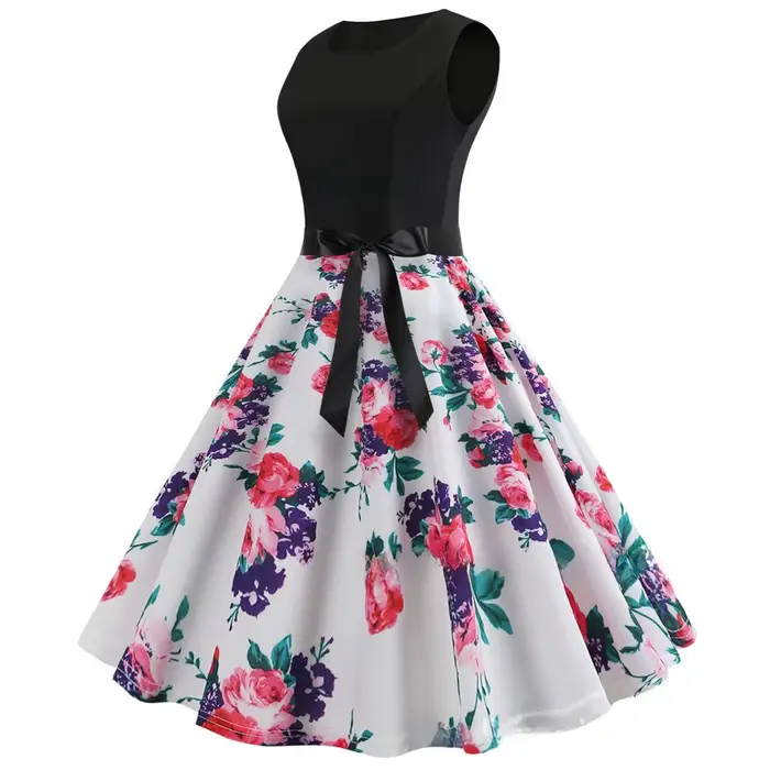Robe midi sans manches motif floral 3D et pois style vintage frais col rond grande taille occaions spéciales femmes été