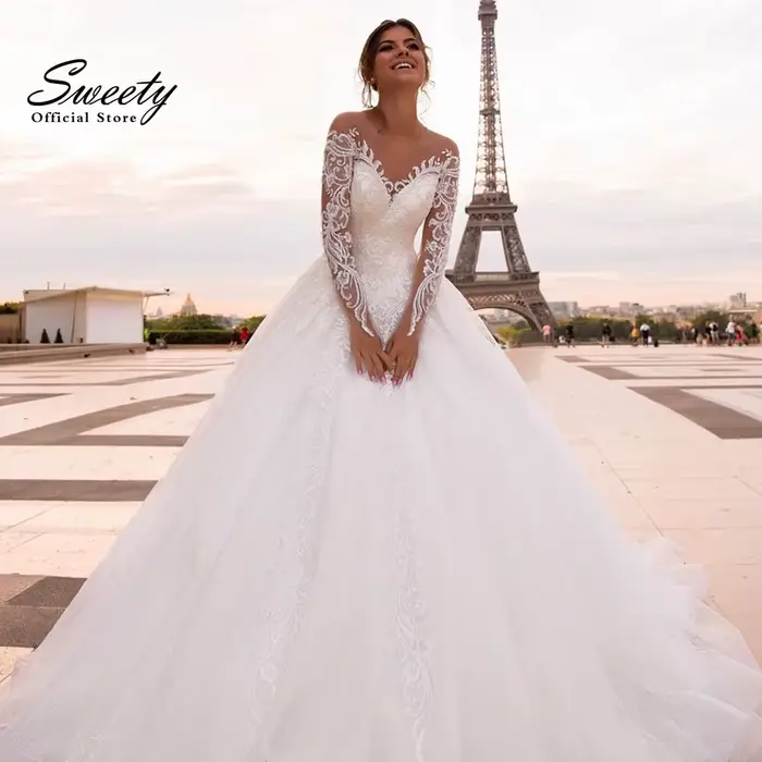 Robe de mariée élégante en organza avec broderie, robe de Rhprincesse, chérie, manches longues, bout